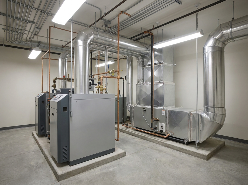 Large commercial gas furnace and heating equipment in a clean mechanical room