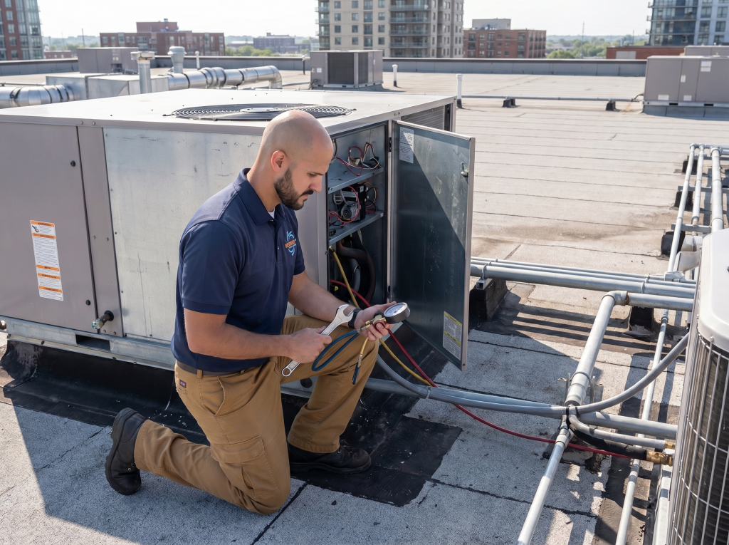 Kendrick Air technician servicing a commercial HVAC system on a facility rooftop