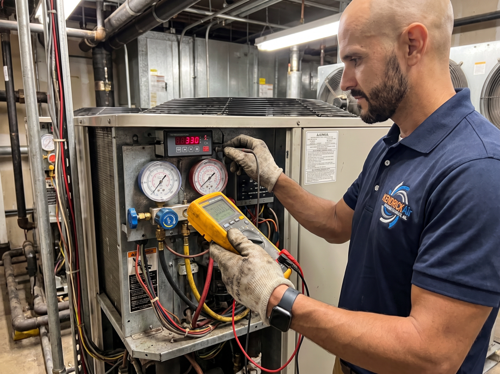 Technician repairing a commercial packaged air conditioning unit