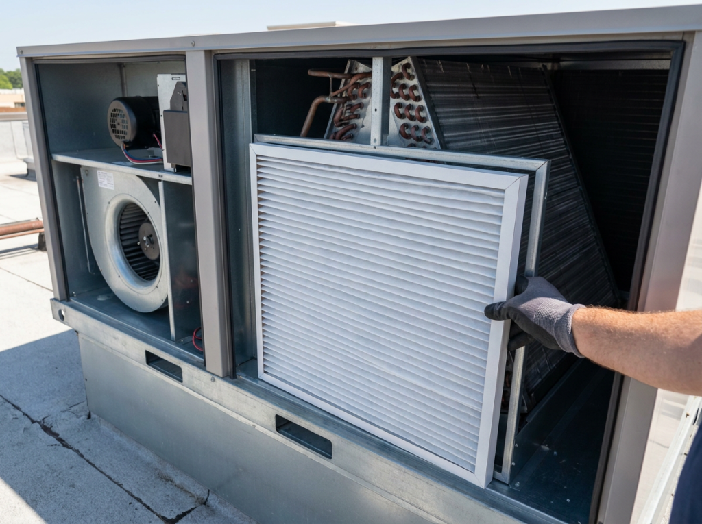 Technician replacing a large pleated commercial air filter for indoor air quality