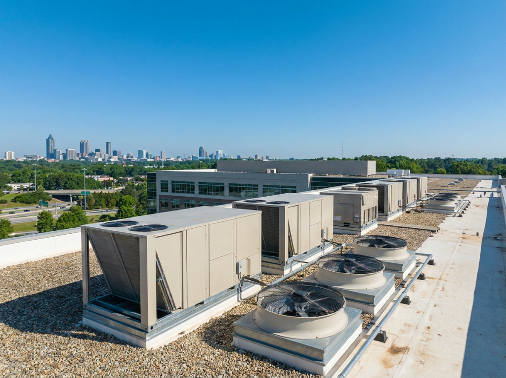 Row of commercial rooftop HVAC package units on a flat commercial building roof