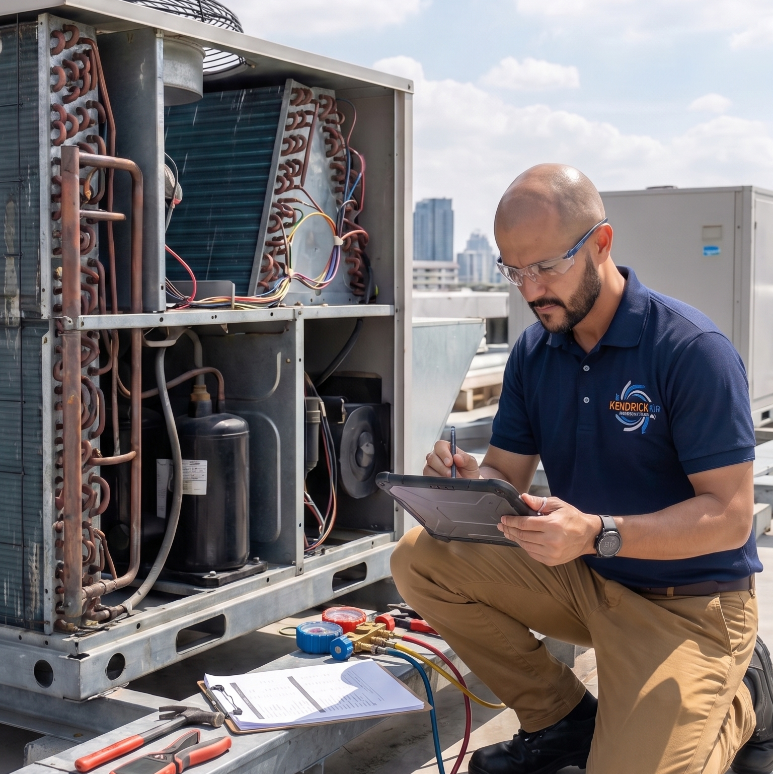 HVAC technician performing scheduled preventive maintenance on commercial equipment